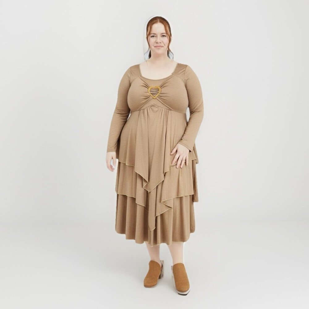 Noracora, Long Sleeve Midi‎ Dress, Tan, 3-Tier Flowing Jersey Knit, Size XXL